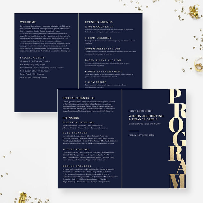 Navy and gold gala fundraiser program template set