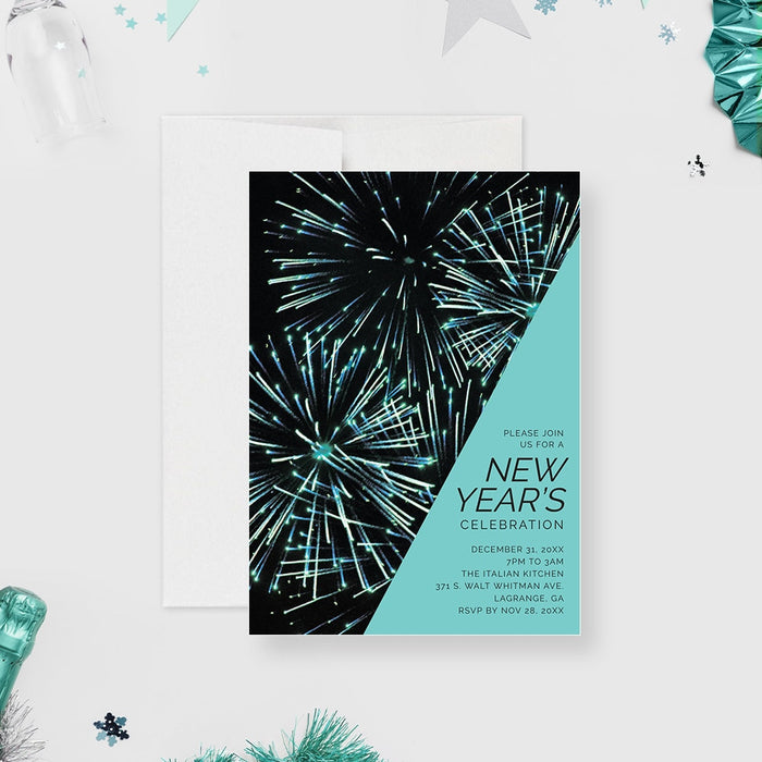 Editable New Year’s Eve invitation featuring a vibrant fireworks design. Modern digital template for stylish New Year’s celebrations.