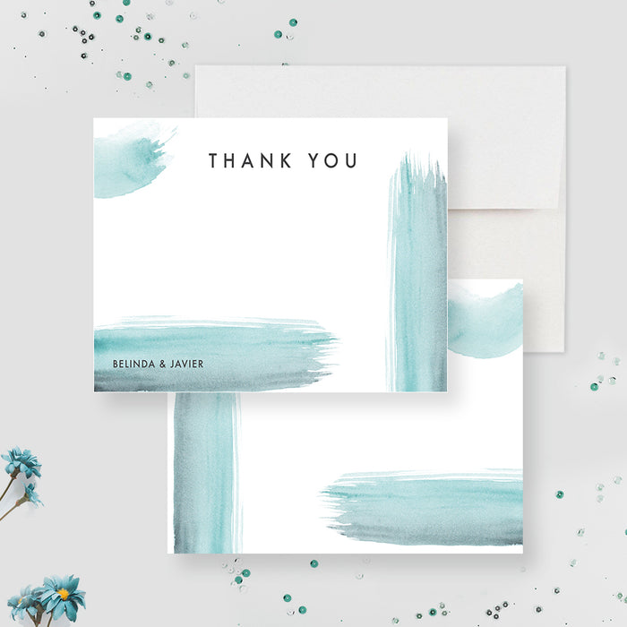 Aqua watercolor wedding thank you card with blue brushstrokes-front-back