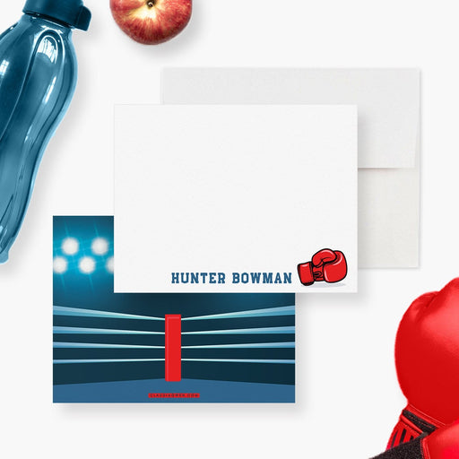 Personalized note card featuring a vintage boxing glove illustration and custom name perfect for young boxers, kickboxing birthday thank-you notes, or sports-themed stationery.