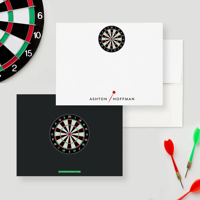 Custom note card featuring a colorful dartboard illustration and darts, with space for personalization perfect stationery for darts lovers or pub‑game fans.
