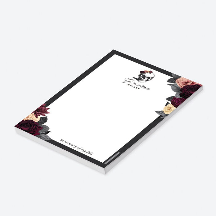 Custom floral skull notepad perfect for Death to My 20s birthday party stationery or favors.