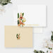 Front and back of orchid note cards: peach flowers and a printed gold name on white, with a small orchid on a cream background.