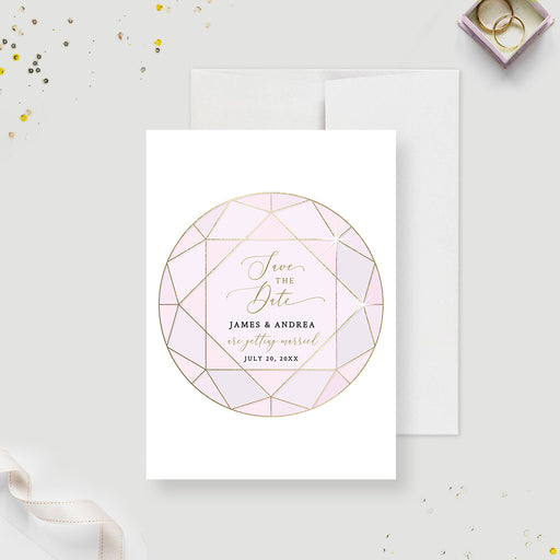 Elegant pink diamond save the date editable template with gold details and personalized wedding information