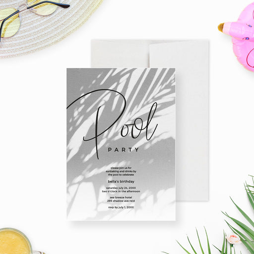 pool party birthday invitation digital template with gray palm leaf shadow design and modern script lettering