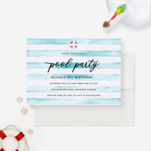 pool party birthday invitation template with aqua watercolor stripes, lifebuoy accent, black script lettering, and editable summer party details