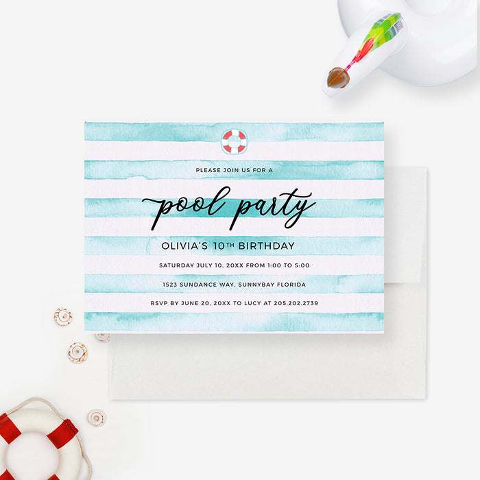 pool party birthday invitation template with aqua watercolor stripes, lifebuoy accent, black script lettering, and editable summer party details