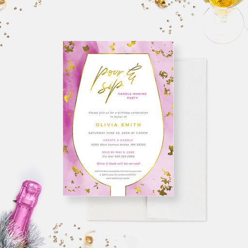 Pink and gold pour and sip candle making party invitation digital template