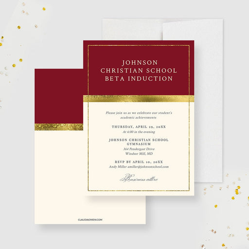 Red and cream formal business invitation front and coordinating back with gold colored bands.