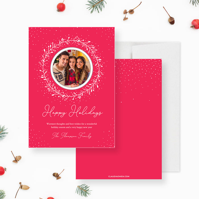 Happy Holidays photo card with red background and festive wreath design