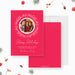 Happy Holidays photo card with red background and festive wreath design