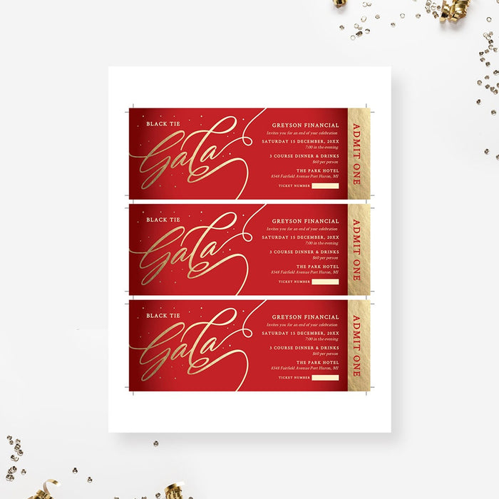 Three red and gold gala tickets arranged on a white sheet to demonstrate multiple-ticket printing.