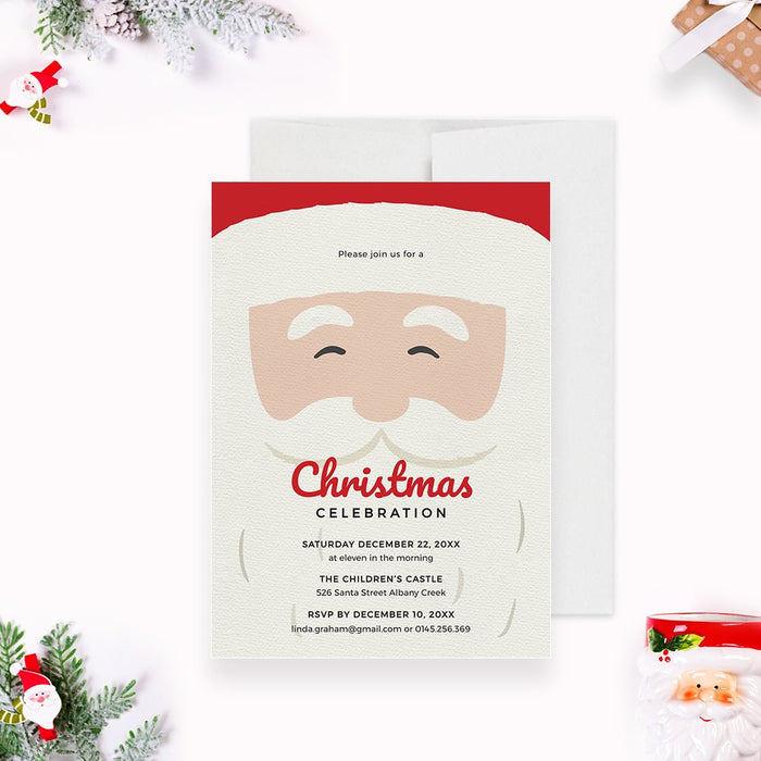 Santa Claus party invitation design featuring a cheerful Santa illustration, red festive border and bold typography for a fun kids Christmas celebration.