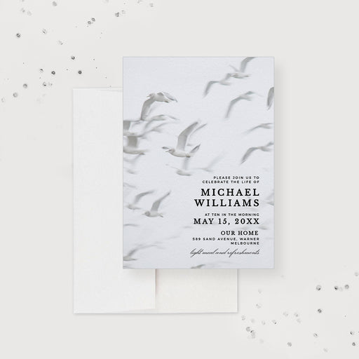 Memorial service invitation with flying gray seagulls and a white background.