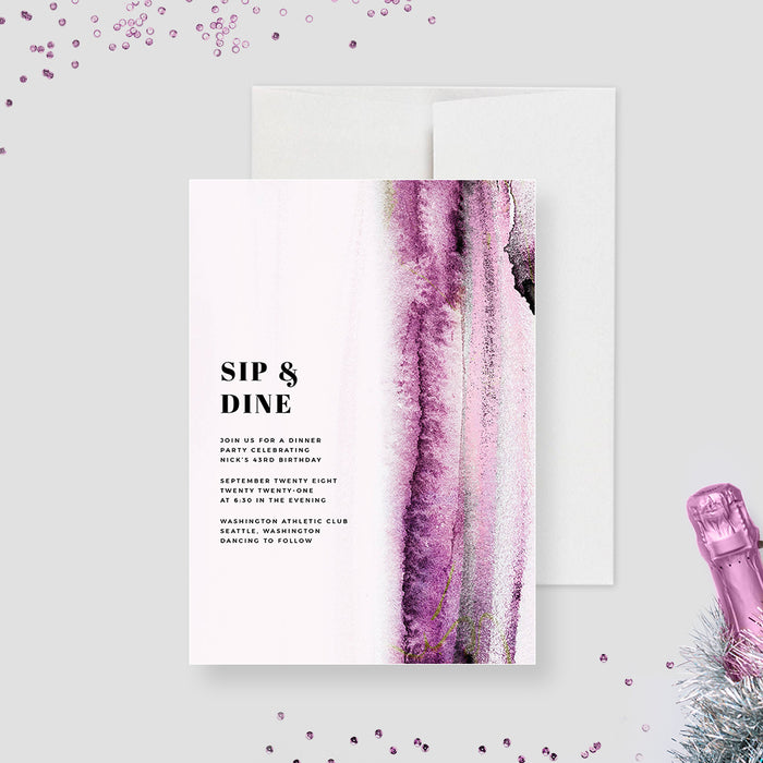 Sip and Dine dinner party invitation with purple and burgundy watercolor strokes beside a white text area.