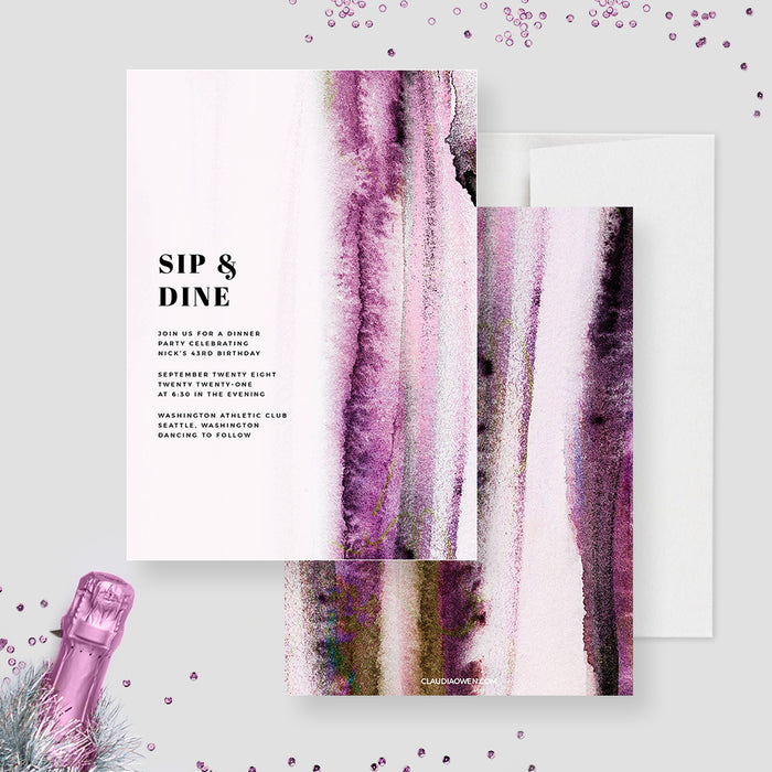 Sip and Dine invitation front and coordinating purple and burgundy watercolor back.