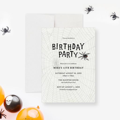 spooky birthday party invitation template with pale spider web background, black spider detail, and editable party details