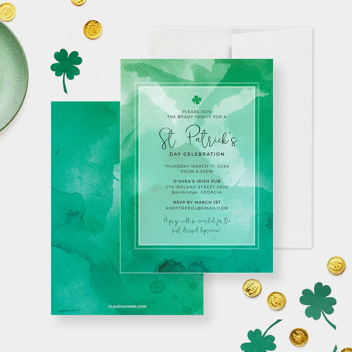 Green St. Patrick's Day party invitation template featuring a four-leaf clover design-front-back
