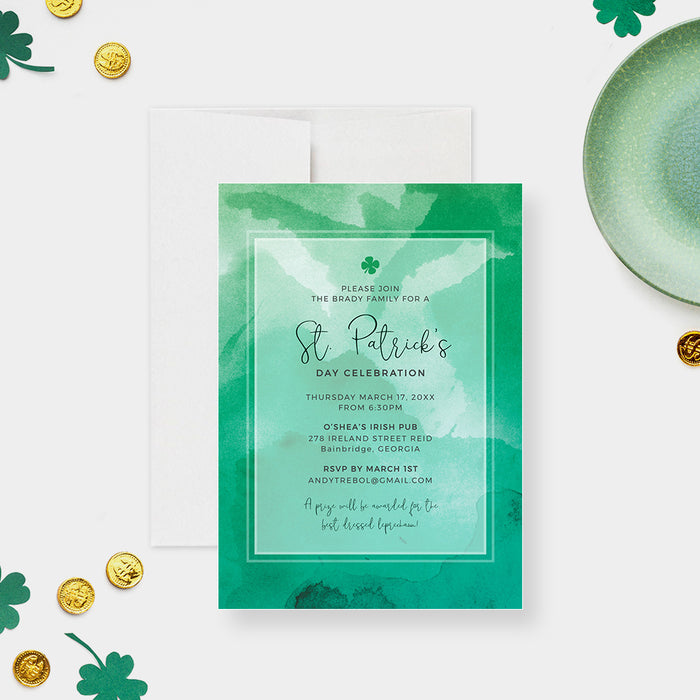 Green St. Patrick's Day party invitation template featuring a four-leaf clover design-front