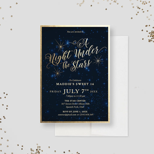 Starry night sweet 16 invitation with gold colored script and stars on a deep blue background.
