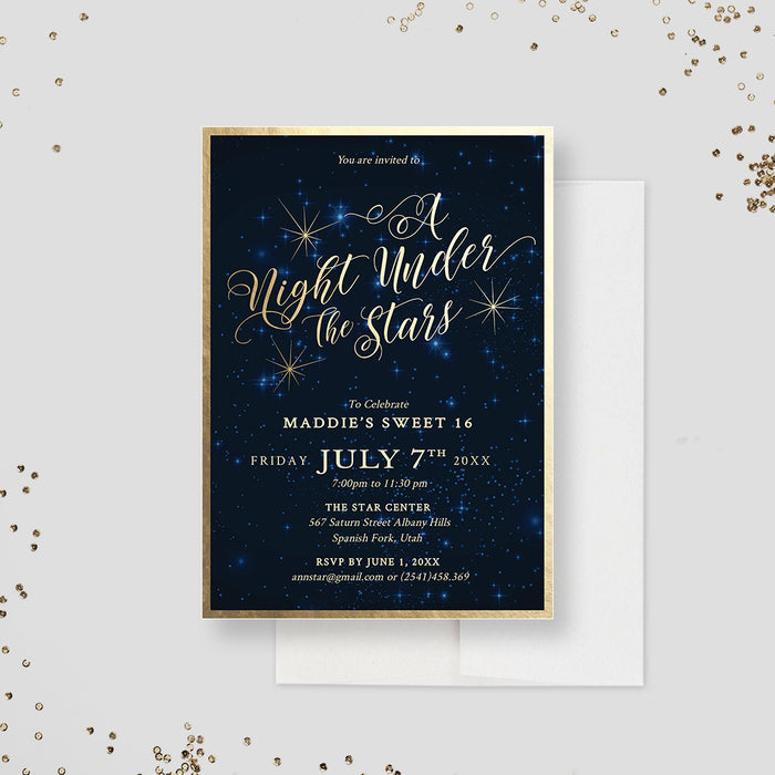 Starry night sweet 16 invitation with gold colored script and stars on a deep blue background.