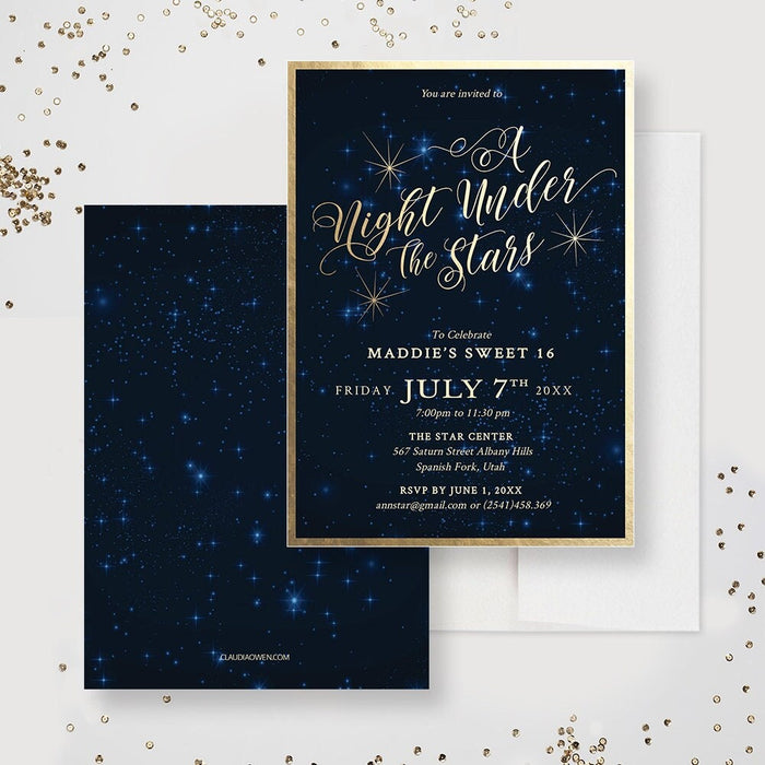 Blue and gold starry night sweet 16 invitation front and coordinating star patterned back.