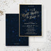 Blue and gold starry night sweet 16 invitation front and coordinating star patterned back.