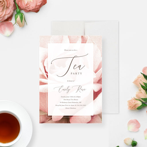 tea party invitation template with blush rose floral background, elegant script lettering, and editable event details