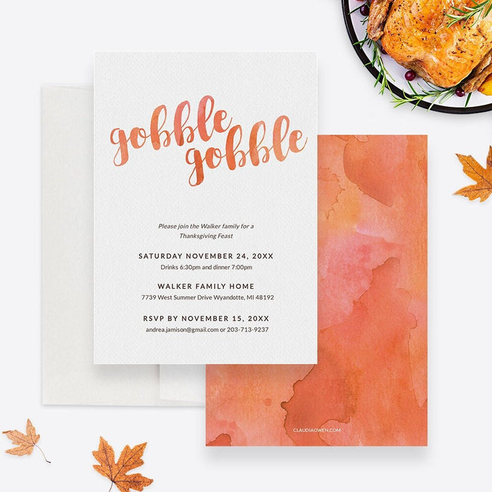 Thanksgiving dinner invitation template featuring autumn leaves, pumpkins, and “gobble gobble” text in warm fall colors