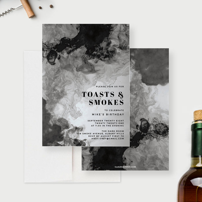 Toasts and Smokes birthday invitation front and coordinating gray and black smoky back.