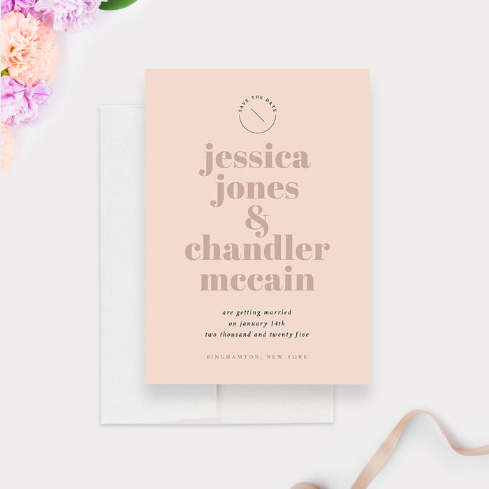 Trendy Wedding Save the Date Card in Soft Blush Pink with Modern Typography, Personalized Simple Save the Date Cards