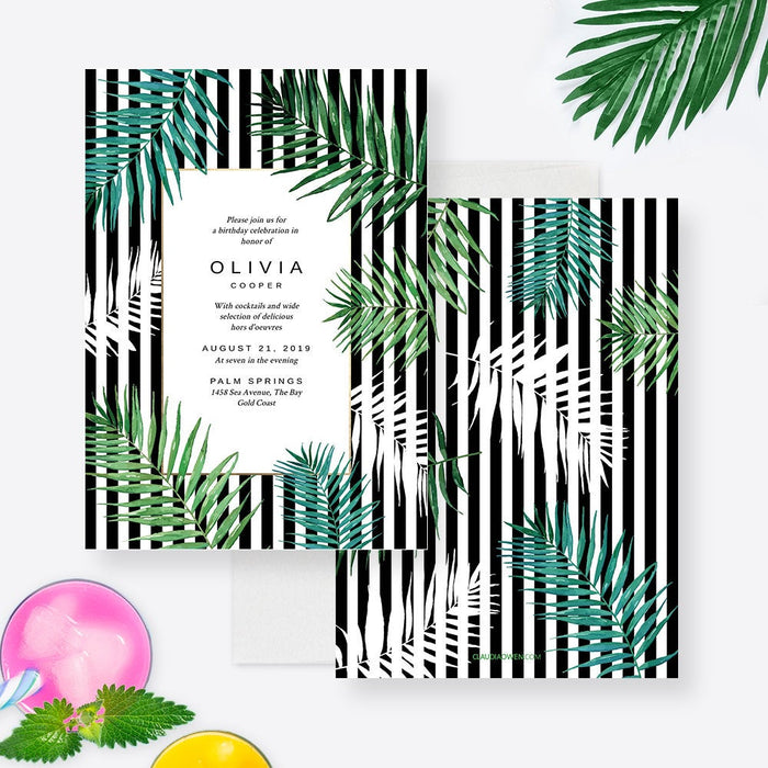 Tropical palm leaf invitation front and coordinating black and white striped back.