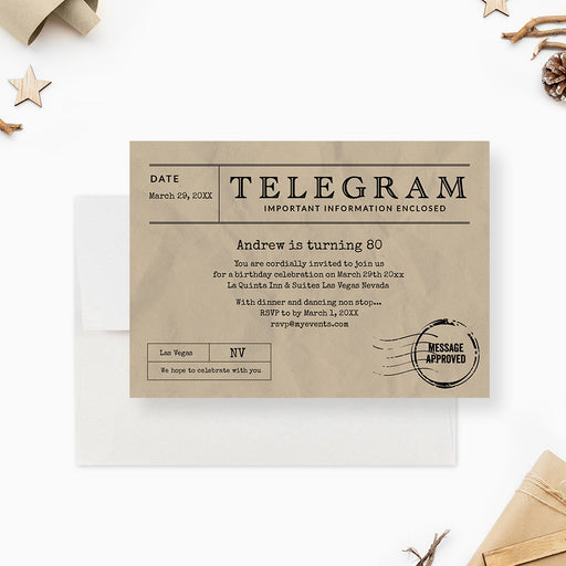 Vintage telegram birthday invitation with aged paper design, retro style layout, and classic old fashioned message format.