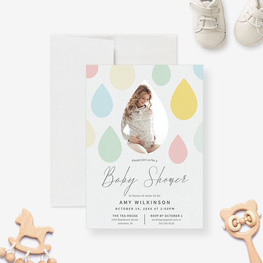 Pastel watercolor raindrop baby shower invitation with a teardrop photo frame and white background.