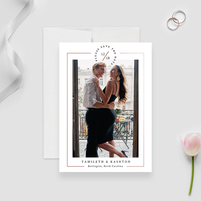 Save the Date Card with Photo and Copper Border Design, Stylish Save the Date Card Invitation with Picture