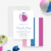 Taking the Plunge wedding pool party invitation template with beach ball illustration, blue script lettering, and wedding dinner details-front-back