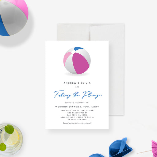 Taking the Plunge wedding pool party invitation template with beach ball illustration, blue script lettering, and wedding dinner details-front