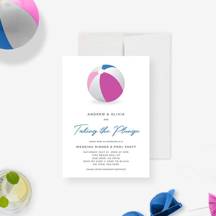 Taking the Plunge wedding pool party invitation template with beach ball illustration, blue script lettering, and wedding dinner details-front