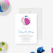 Taking the Plunge wedding pool party invitation template with beach ball illustration, blue script lettering, and wedding dinner details-front