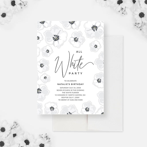 All White Party invitation with delicate white floral artwork and dark script lettering.