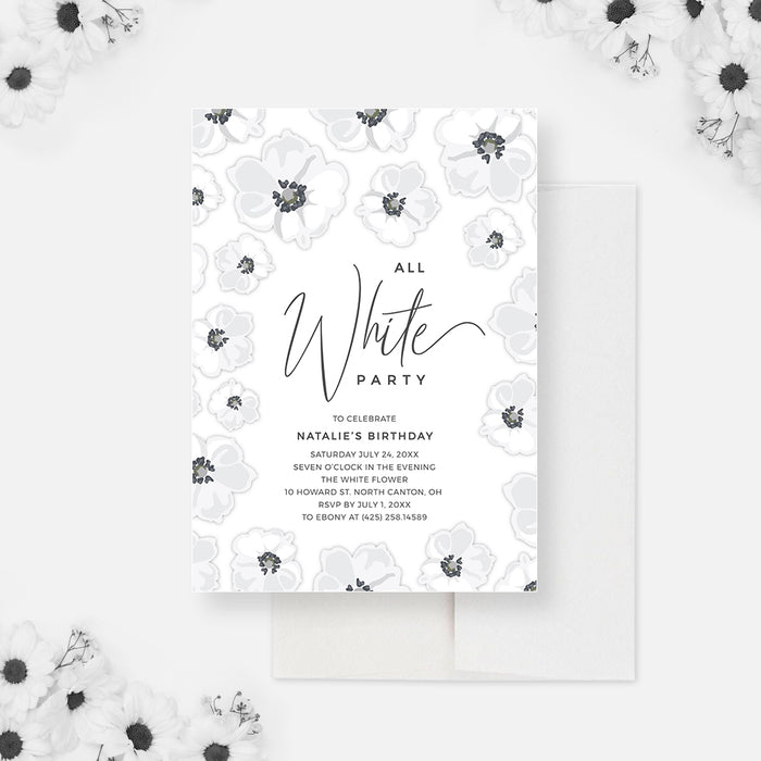 All White Party invitation with delicate white floral artwork and dark script lettering.