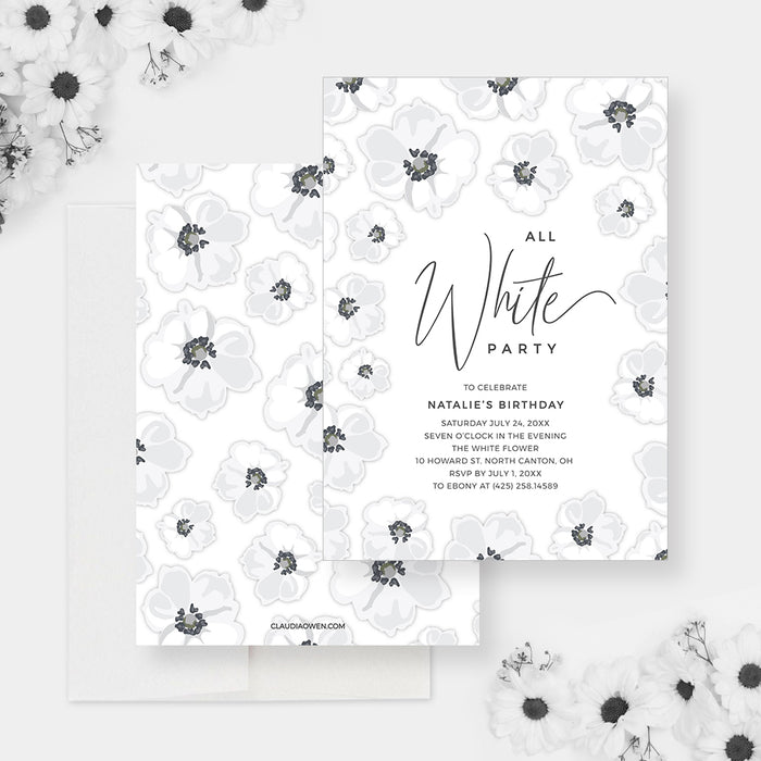 All White Party invitation front and coordinating white floral back.