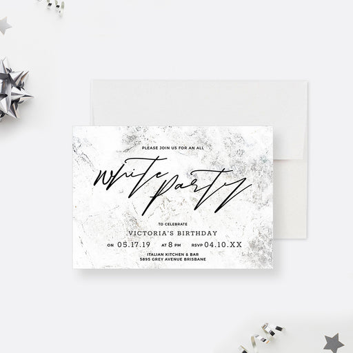 White Party birthday invitation with bold black script on a light gray and white marble background.