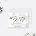 White Party birthday invitation with bold black script on a light gray and white marble background.