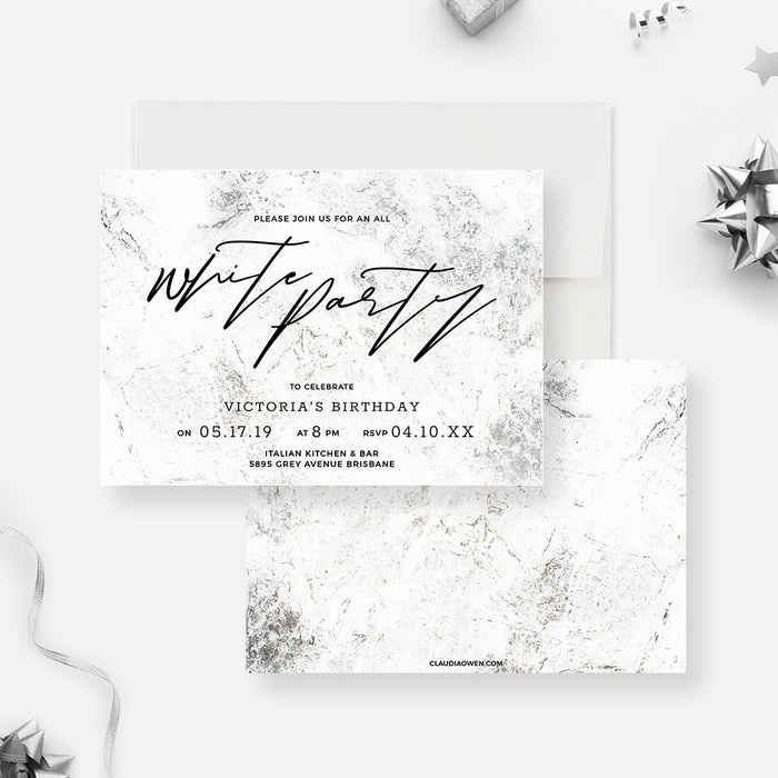 White Party birthday invitation with black script and light marble artwork in a styled mockup.