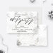White Party birthday invitation with black script and light marble artwork in a styled mockup.