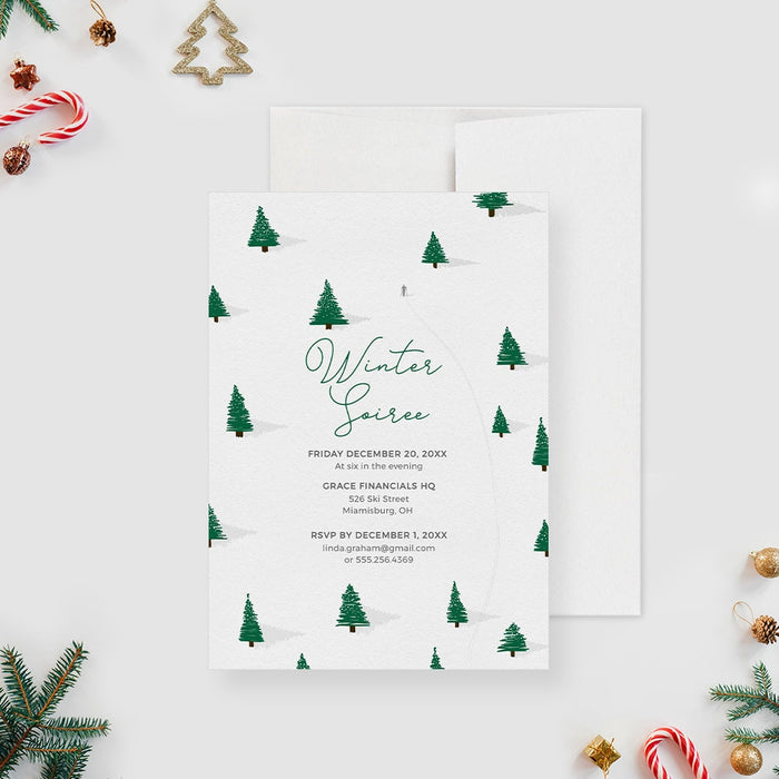 Digital winter soiree invitation featuring green Christmas trees on a white background, perfect for holiday parties and seasonal events.