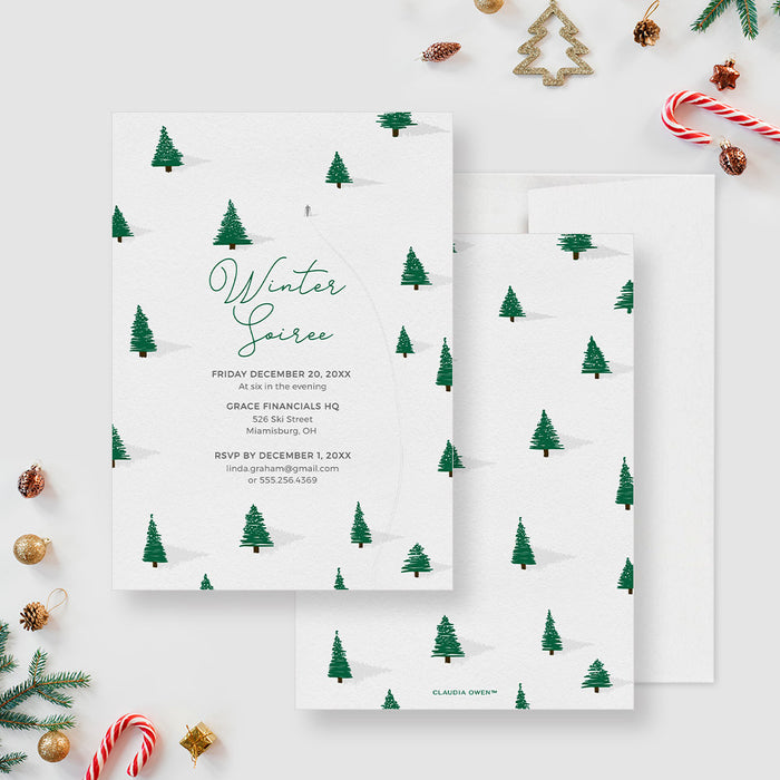 Digital winter soiree invitation featuring green Christmas trees on a white background, perfect for holiday parties and seasonal events.
